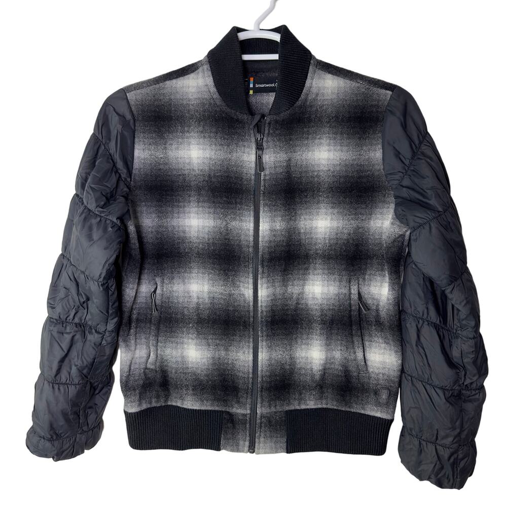 Smartwool Women's Medium Ibera Bomber Jacket Plaid Black White Wool Full Zip EUC